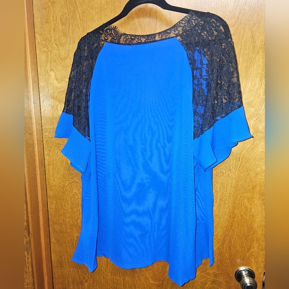 Blue with Black Lace Short Sleeve Blouse - Picture 2 of 3